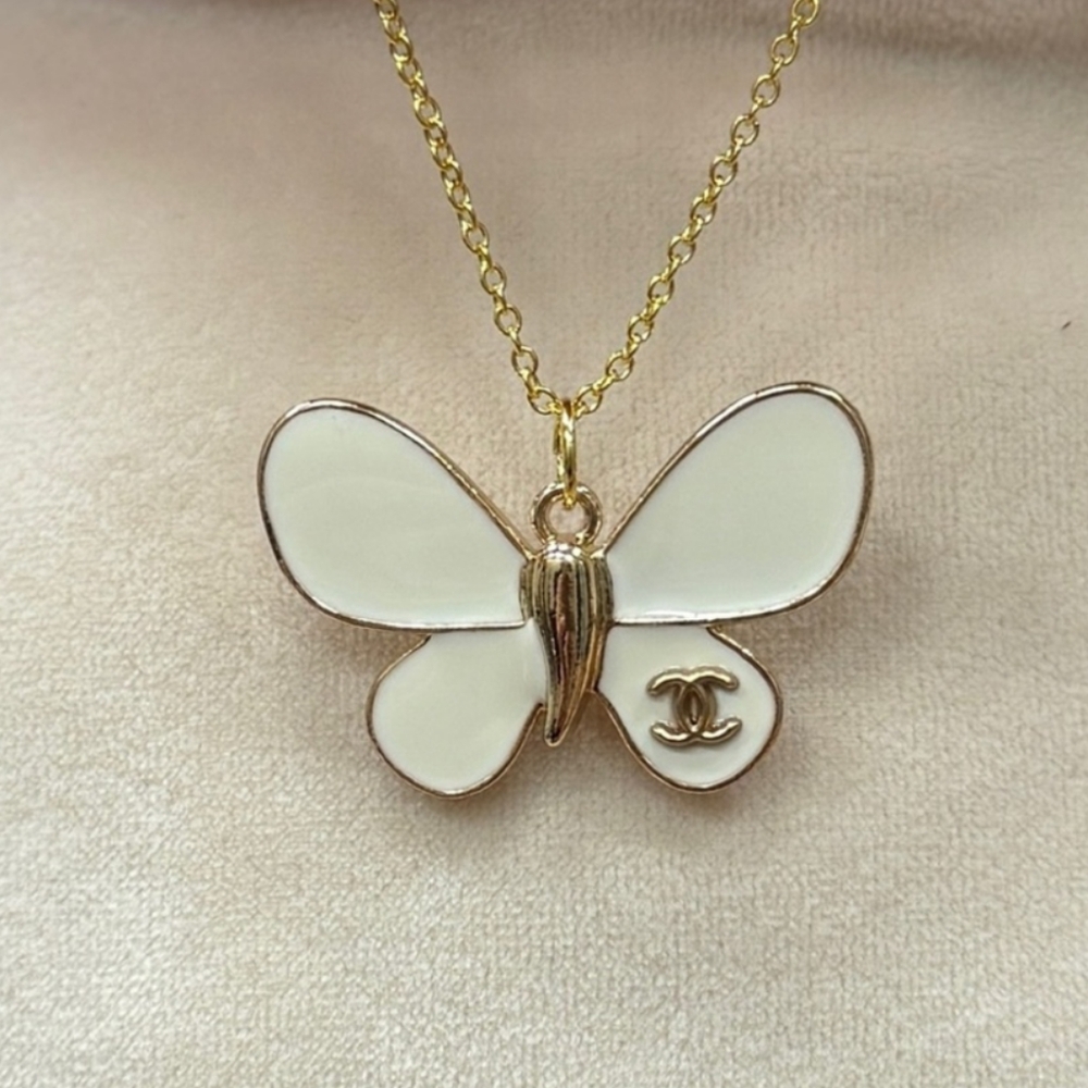 Chanel Gold and White Butterfly Charm Necklace